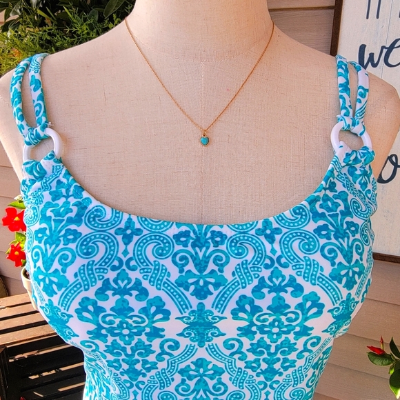 CATALINA ♡ Gorgeous 1pc Aqua Blue 'n White Padded Bralette Swimsuit L (12-14) - Picture 7 of 17